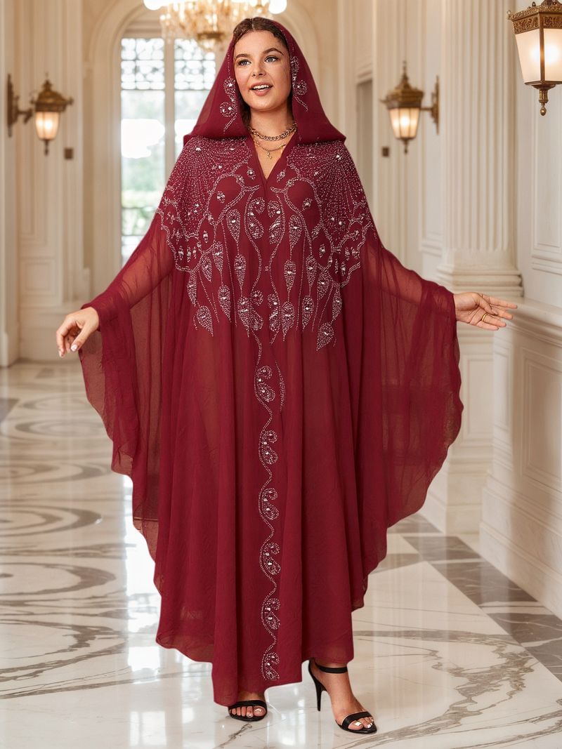 Robe cravejado de strass, xale muçulmano, vestido com capa e capuz, manga morcego, mais vendido_voghion.com