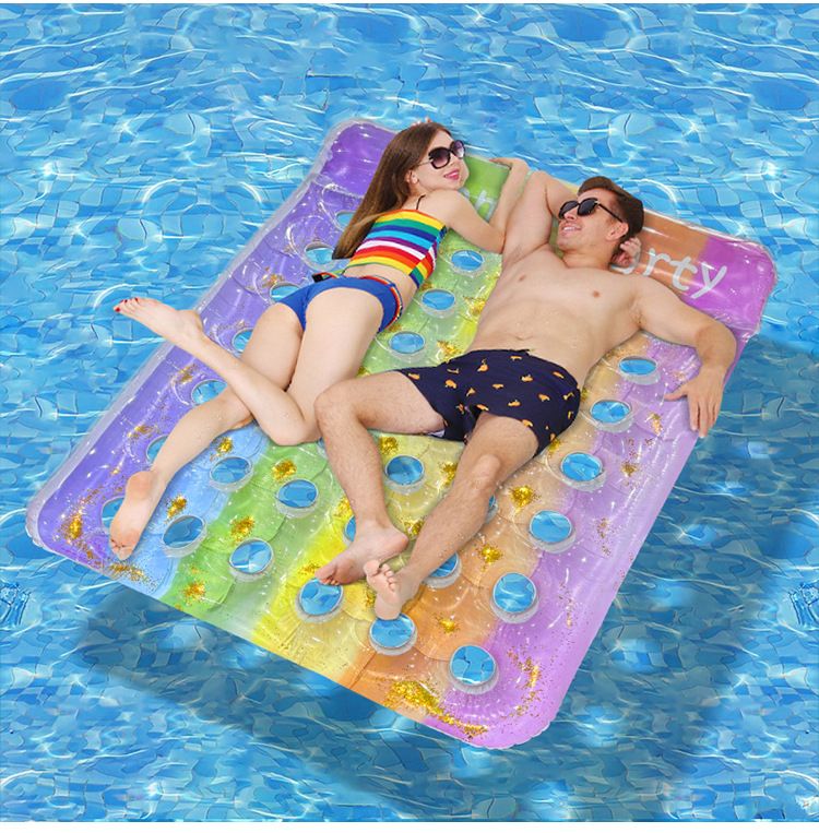 Eco-Friendly Rainbow Inflatable Mat - Heavy-Duty PVC With Glitter Holes & Gradient Colors (200x150cm Double-Sized For Pool/Beach 2-Person Capacity)_voghion.com