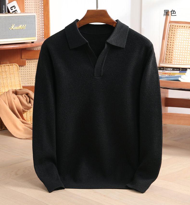 Maglione da uomo con scollo a V e fondo in maglia, versione coreana, polo larga, abbigliamento da uomo_voghion.com