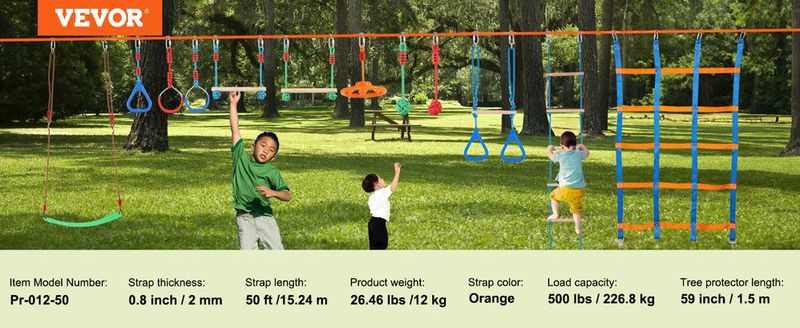VEVOR Ninja Warrior Obstacle Course For Kids, 2 X 50 Ft Weatherproof Slacklines, 500lbs Weight Capacity Monkey Line, Outdoor Playset Equipment, Backyard Toys Training Equipment Set With 12 Obstacles_voghion.com
