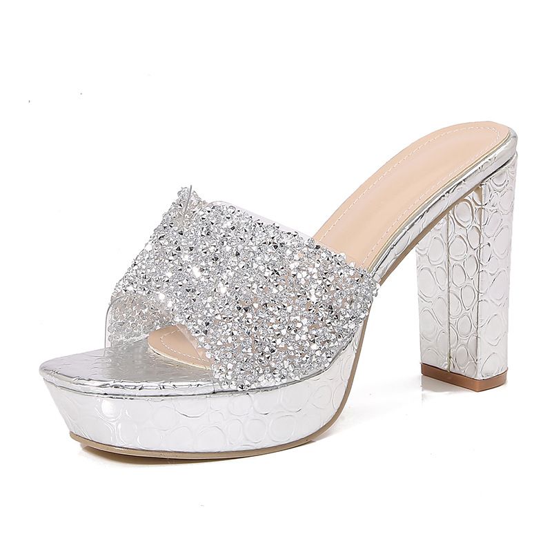 2025 Ladies Bohemian New Fashionable Rhinestone Slippers Korean Version Thick Soled High-heeled Women's Shoes_voghion.com