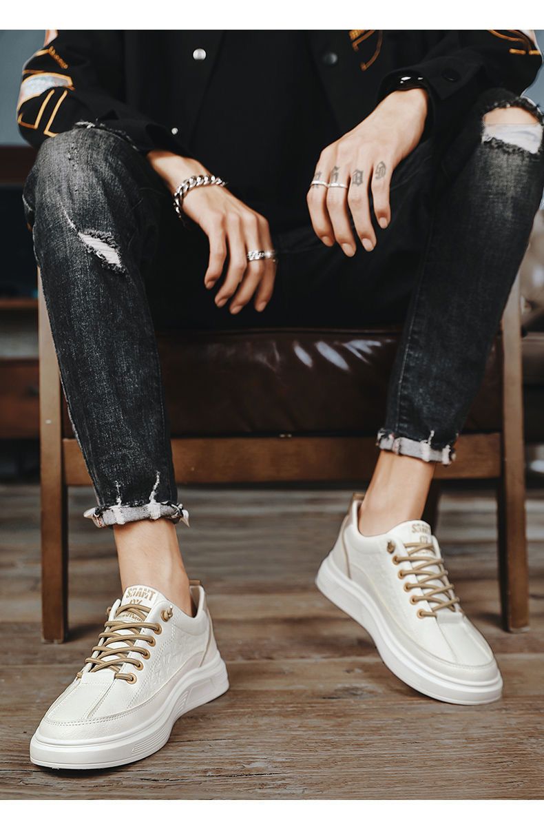 Frühling Neue atmungsaktive weiße Sneakers Herren Vielseitige Sport- und Freizeitschuhe aus Leder mit dicken Sohlen Flache trendige Schuhe_voghion.com