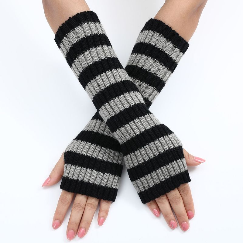 Long Striped Gloves New Autumn And Winter Wool Sleeves Men And Women Medium Length Knitted Warm Fingerless Sleeves_voghion.com