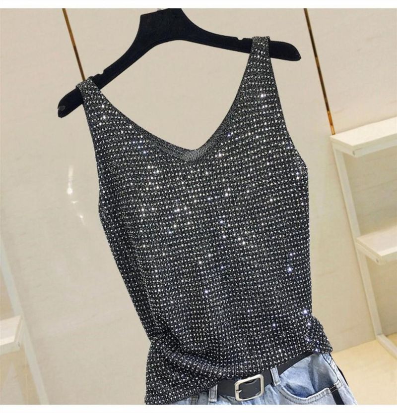 Women’s Clothing Loose Bright Silk Hot Diamond Summer Korean Ice Silk Heavy Knitted Sequined Vest New Style Bottom Outer Wear Sleeveless Top_voghion.com