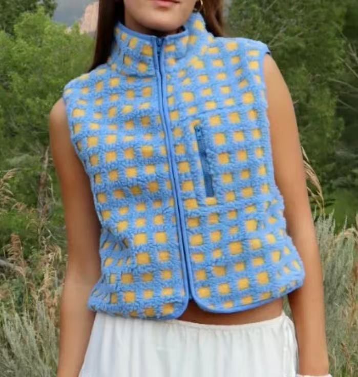 Gilet zippé en polaire gaufrée pour femme, col montant, sans manches, superposition légère et chaude pour l'automne et l'hiver_voghion.com