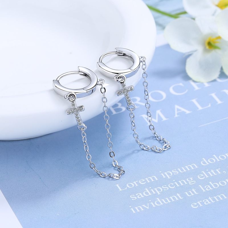 Orecchini lunghi con catena intarsiata di diamanti e orecchini a clip eleganti in stile coreano e giapponese con nappa a croce in zircone per donna_voghion.com