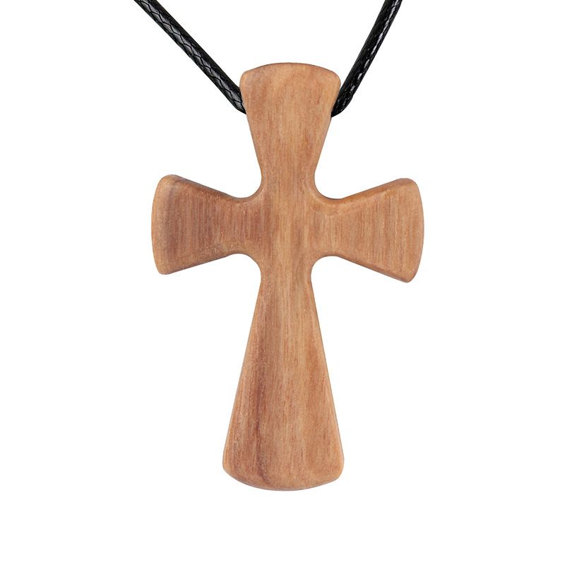 Hand-carved Conical Wooden Cross Necklace, Olive Wood Cross Pendant Gift_voghion.com