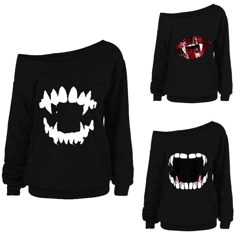 FC644 2025 New Women's Halloween Printed Long Sleeve Autumn Off-Shoulder Top T-Shirt_voghion.com