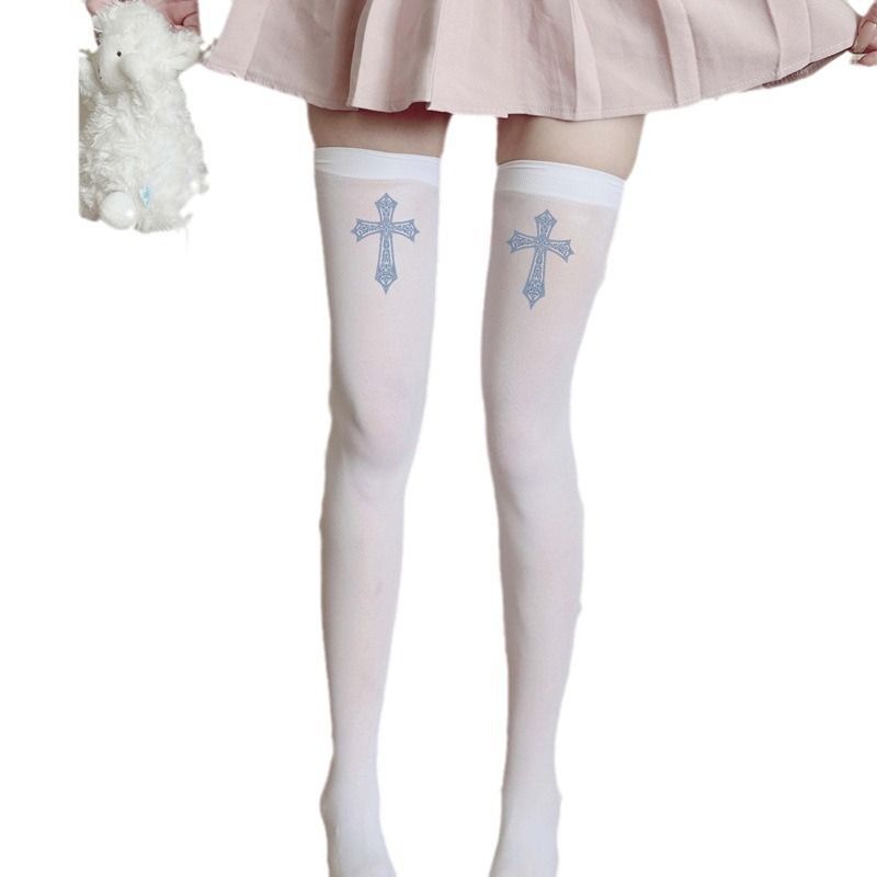 Cross Cute Print Subculture Over-the-Knee Long Tube White Silk Velvet Sweet Girl Thigh Socks_voghion.com