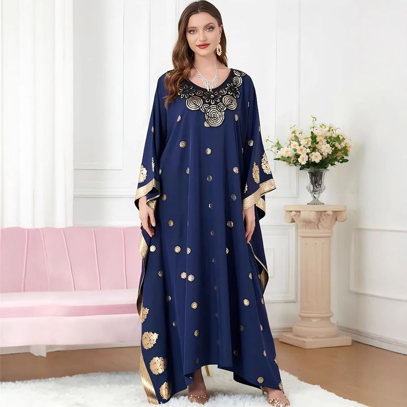 Abito lungo con maniche a pipistrello e ricami in lamina d'oro per donna musulmana, ampio e oversize._voghion.com
