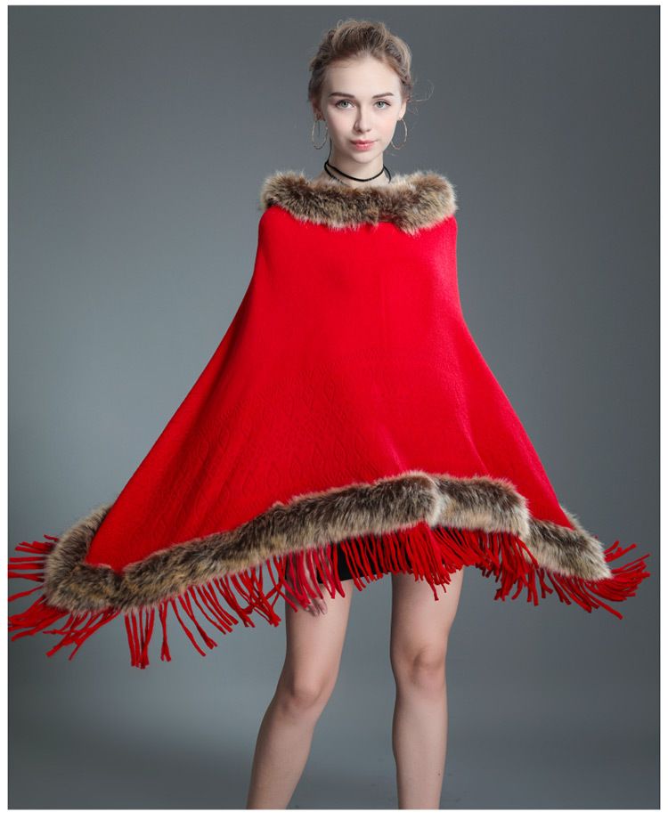 Fur collar shawl cape tassel knitted pullover fur cape woman_voghion.com