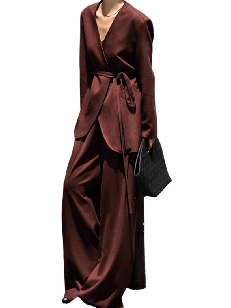 French Old Money Style Women's Autumn Ancora Red High-End Casual Collarless Blazer Wide-Leg Pants Two-Piece Set_voghion.com