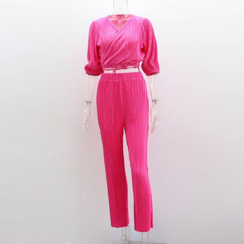Costume pantalon droit décontracté pour femmes, nouveau Style, couleur unie plissée, manches courtes, cravate, col en v, haut pantalon, costume deux pièces_voghion.com
