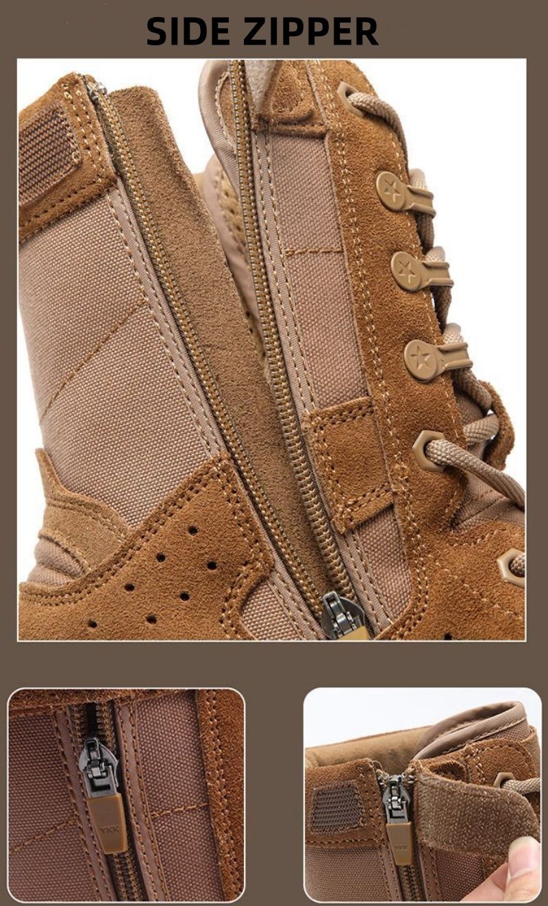 Waterproof Cowhide Shoes Fashion Side Zipper Lace-up Boots Outdoor Hiking Climbing Boot Wear-resistant Non-slip Shoe_voghion.com