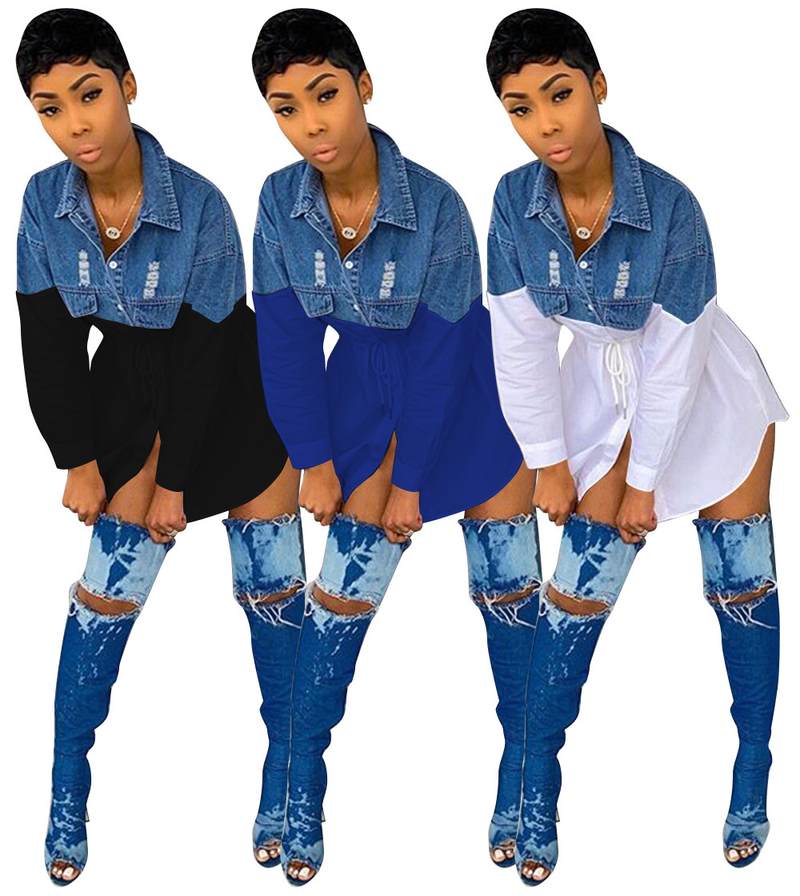 Moda femminile Camicia in denim alla moda con gonna slim fit allacciata_voghion.com