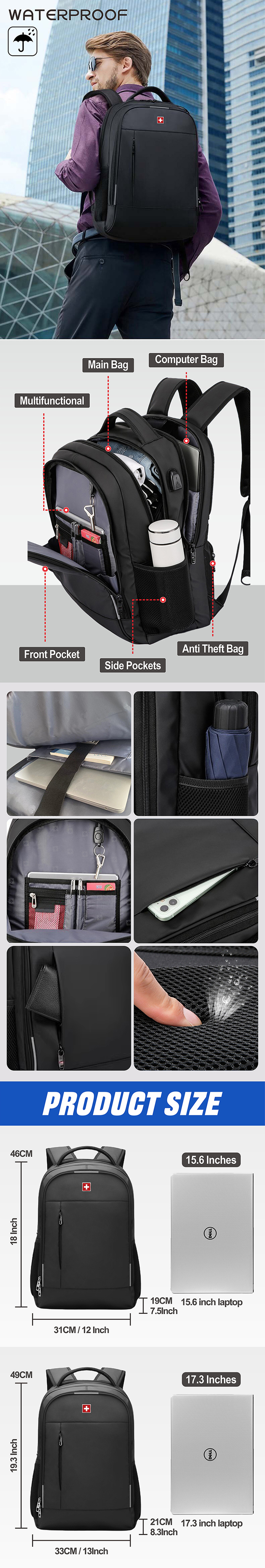 Mochila militar suíça masculina para laptop de 17 polegadas, fashion, empresarial, escolar, à prova d'água, com entrada USB, grande capacidade_voghion.com
