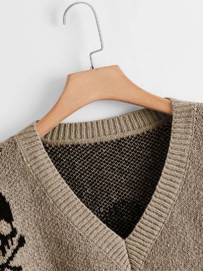 Pull gothique en tricot avec tête de mort extraterrestre des années 2000 – Pull unisexe oversize à col en V pour Halloween et Noël | Style streetwear_voghion.com