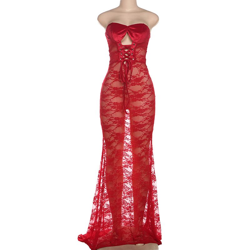Abito aderente invernale sexy in pizzo senza spalline - Abito lungo senza maniche con fasciatura, rete trasparente e vita alta (rosso, S/M/L)_voghion.com