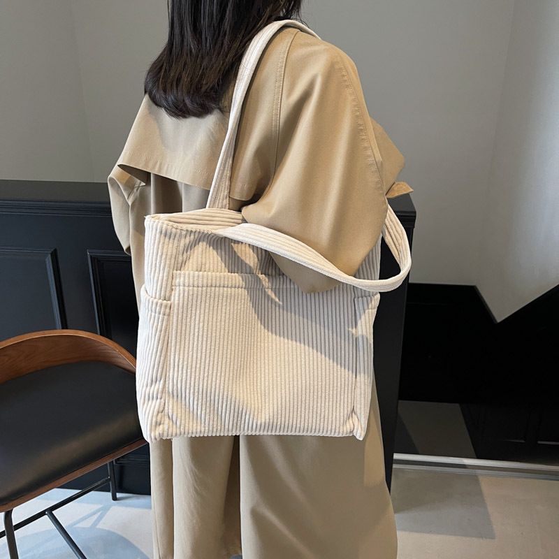 New Corduroy Tote For Women, Commuter Large Capacity Student Class Shoulder Handbag, Simple Office Crossbody Bag_voghion.com
