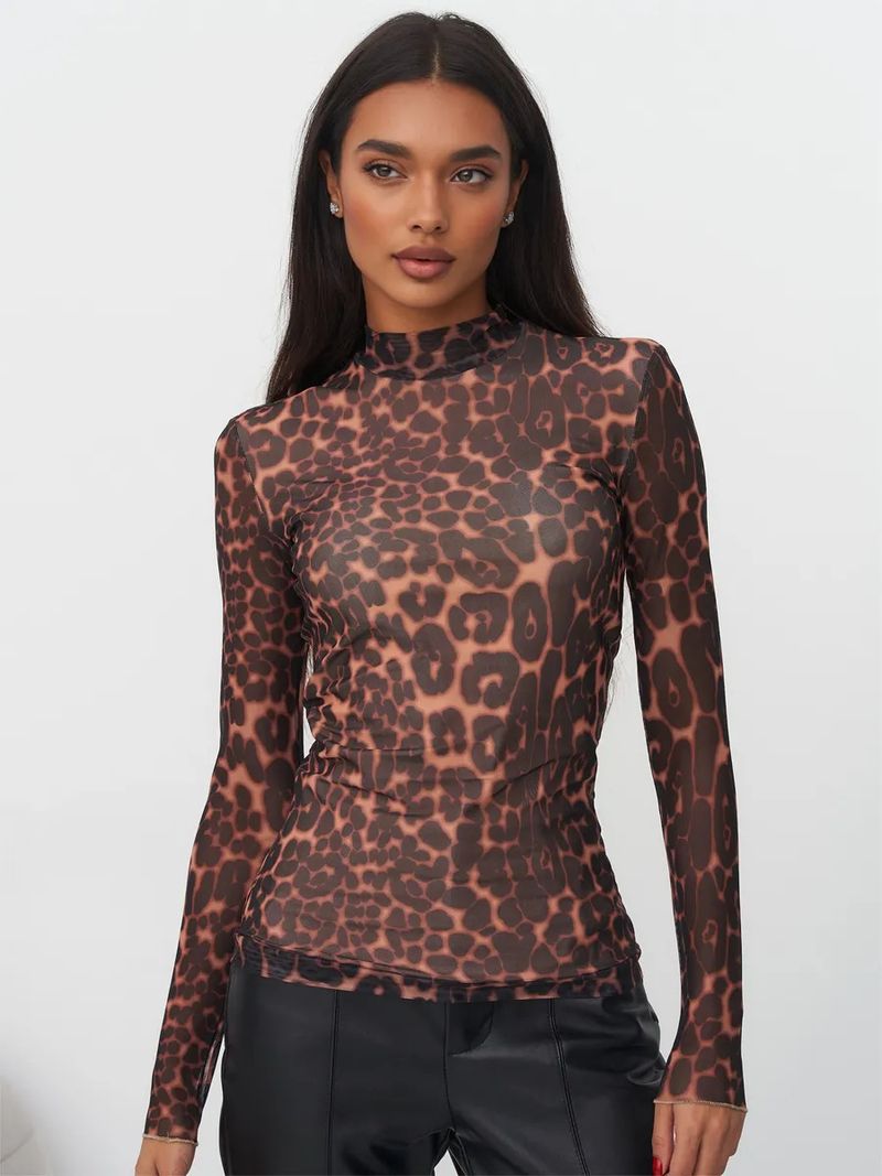 Sexy, durchsichtiges Mesh-T-Shirt im Spicy Girl-Stil für Damen mit Aufdruck als Basis, langärmliges Gareth-Stoff-Oberteil mit hohem Halsausschnitt_voghion.com