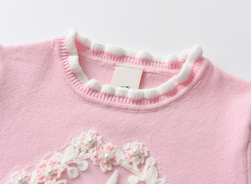Vêtements pour enfants filles poney Applique brodé simple fil de coton Base pull automne filles dentelle pull tendance_voghion.com