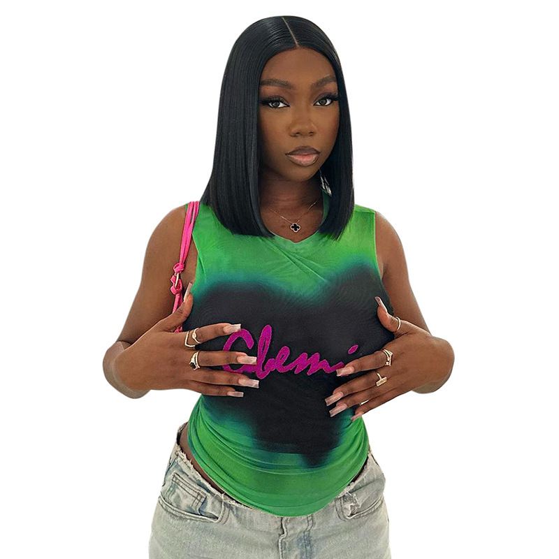 Q23TP185 Maglietta senza maniche con stampa tie-dye, a maniche corte, da donna, estate 2025, nuova moda_voghion.com