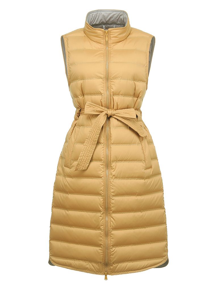 "Women's Knee-Length Down Vest – Slim Fit, Stand Collar, Lightweight & Seamless In Khaki/Dark Gray/Black"_voghion.com