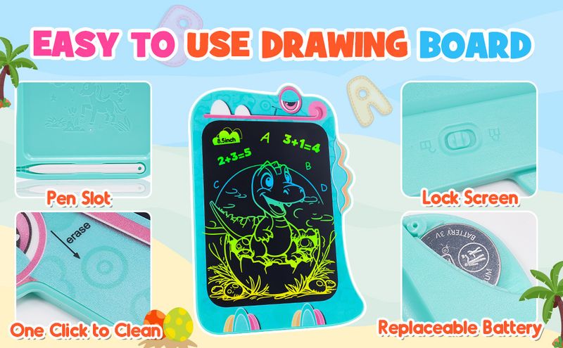 8,5-inch LCD-tekentablet met dinosaurusmotief voor kinderen - kleurrijk, hoge resolutie schrijfbord met uitwisbaar scherm, lichtroze en cartoon-dinosaurusontwerp_voghion.com