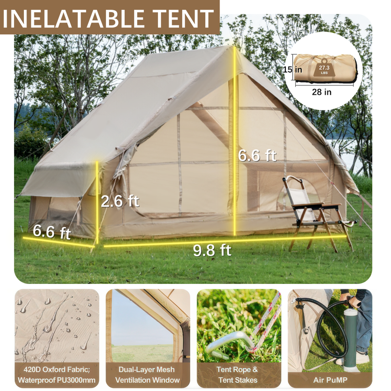 Inflatable Tent With Pump,Glamping Tents For 4-6 Person, Easy Setup 4 Season Waterproof Outdoor Tent With 12 Mesh Window_voghion.com
