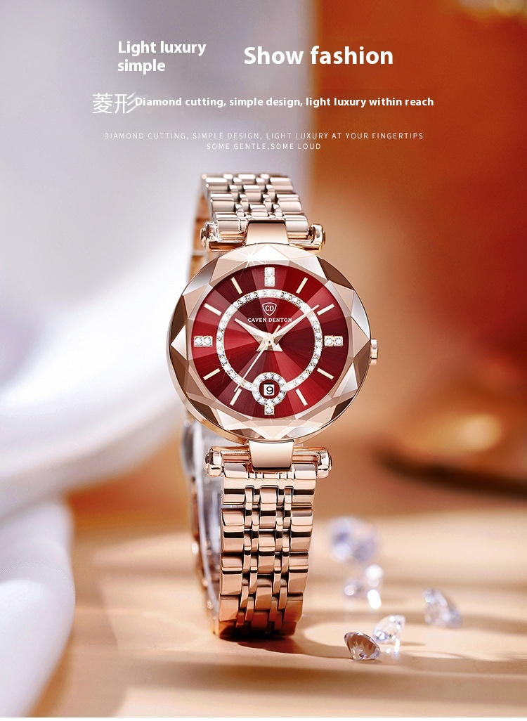 Ocean Heart Quartz Calendar Starry Sky Diamond Solid Stålremsa Vattentät Damklocka_voghion.com