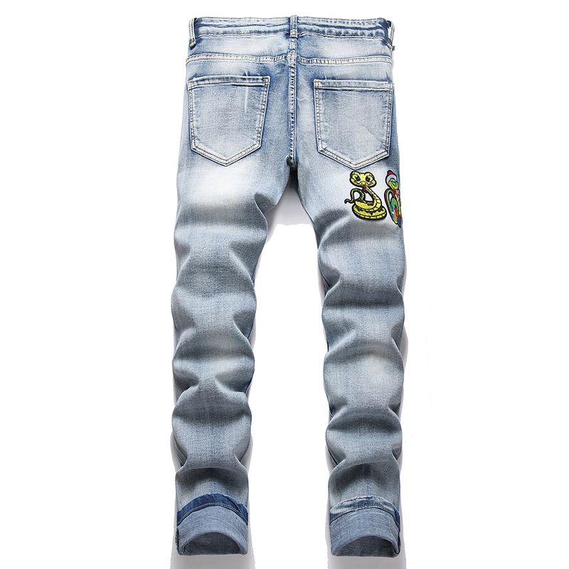 Jeans da uomo con ricamo serpente, pantaloni streetwear plissettati, aderenti, affusolati, strappati e invecchiati in denim elasticizzato_voghion.com