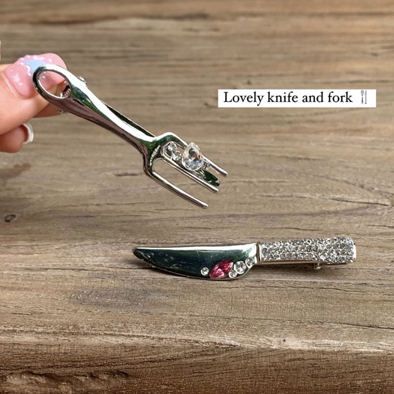 Thai fresco piccante!! Personalità Giocoso Coltello e forchetta Forcina Capelli spezzati Frangia Laterale Metallo Liquido Fermaglio a becco d'anatra Copricapo_voghion.com
