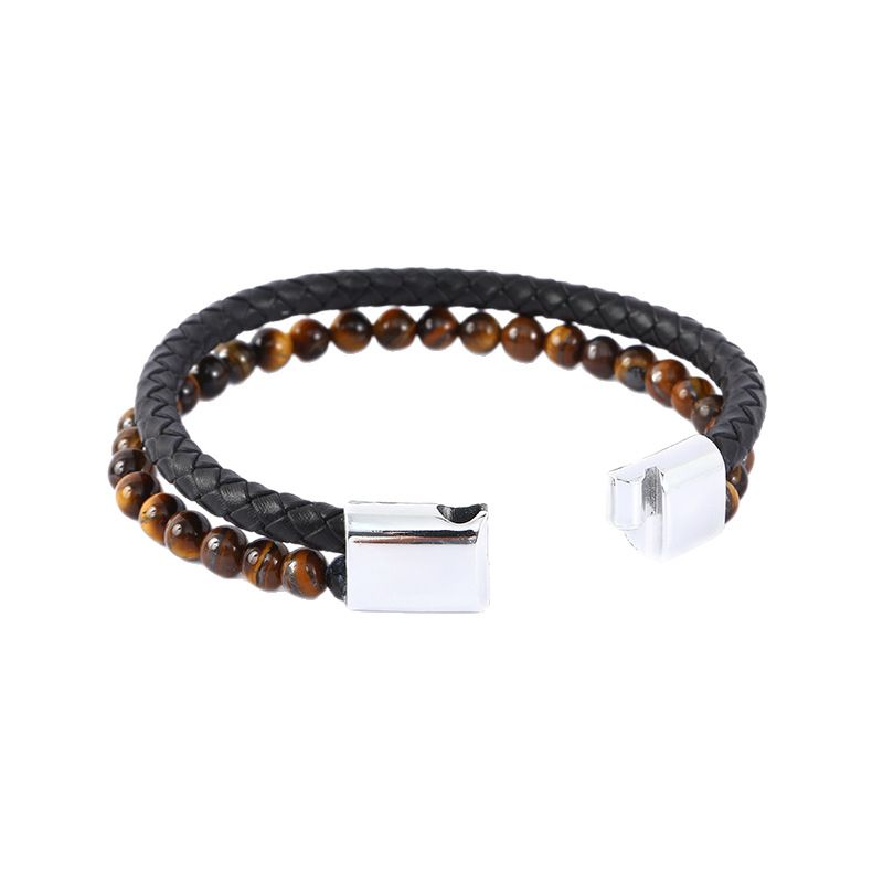 Bracciale da uomo con perline e chiusura magnetica in pelle con pietra occhio di tigre_voghion.com
