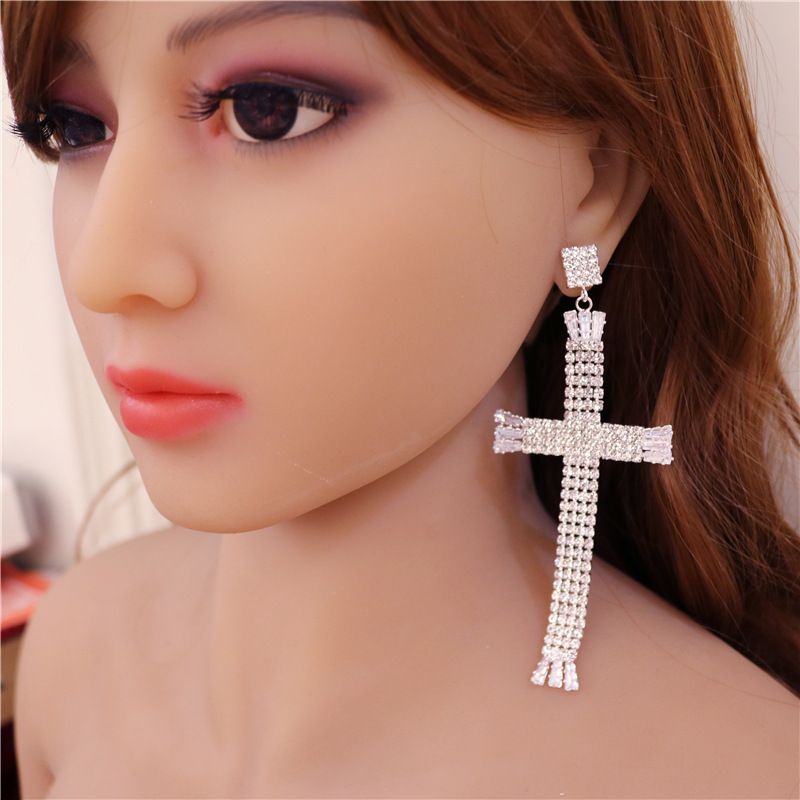 Fashionable Korean version cross earrings with temperament, women's earrings, rhinestone ear hooks, accessories_voghion.com