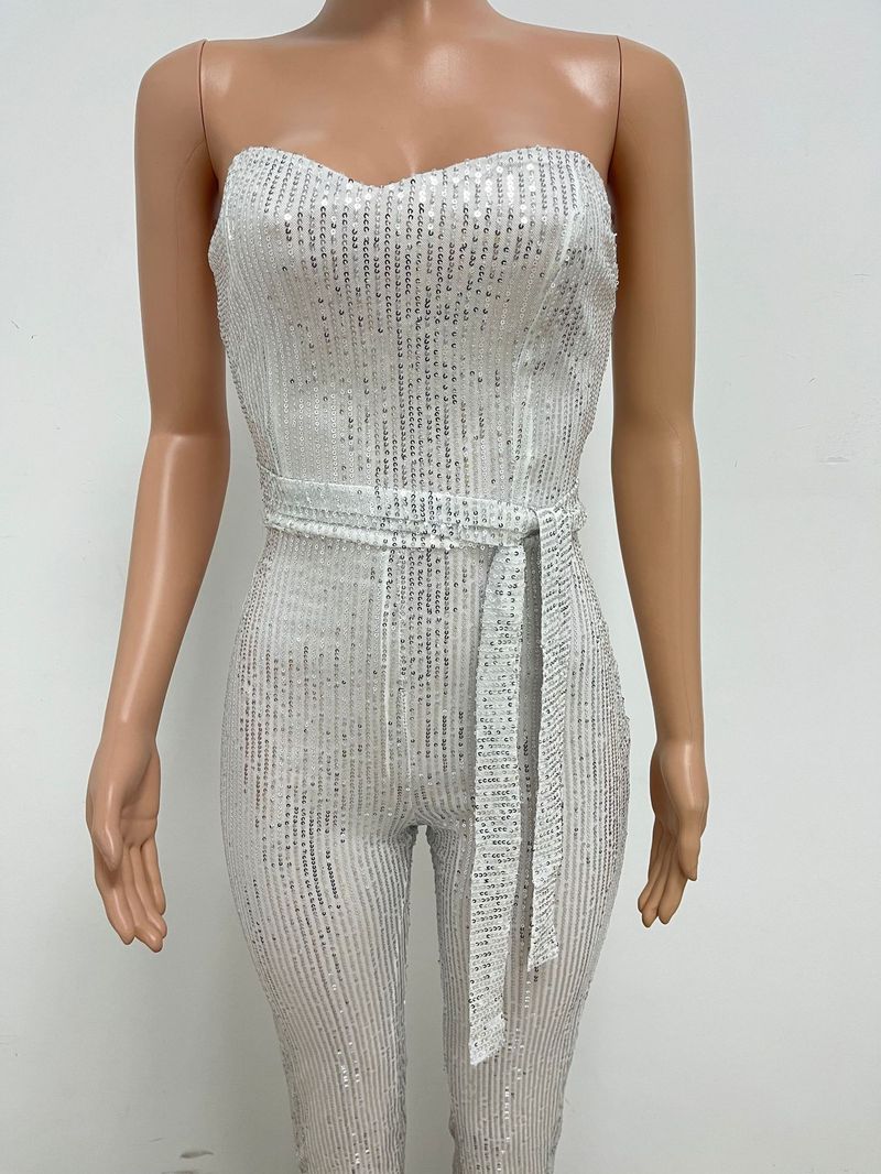 Dametøj Ærmeløs pailletterbæltejumpsuit ensfarvet tubetop rygløs jumpsuit_voghion.com