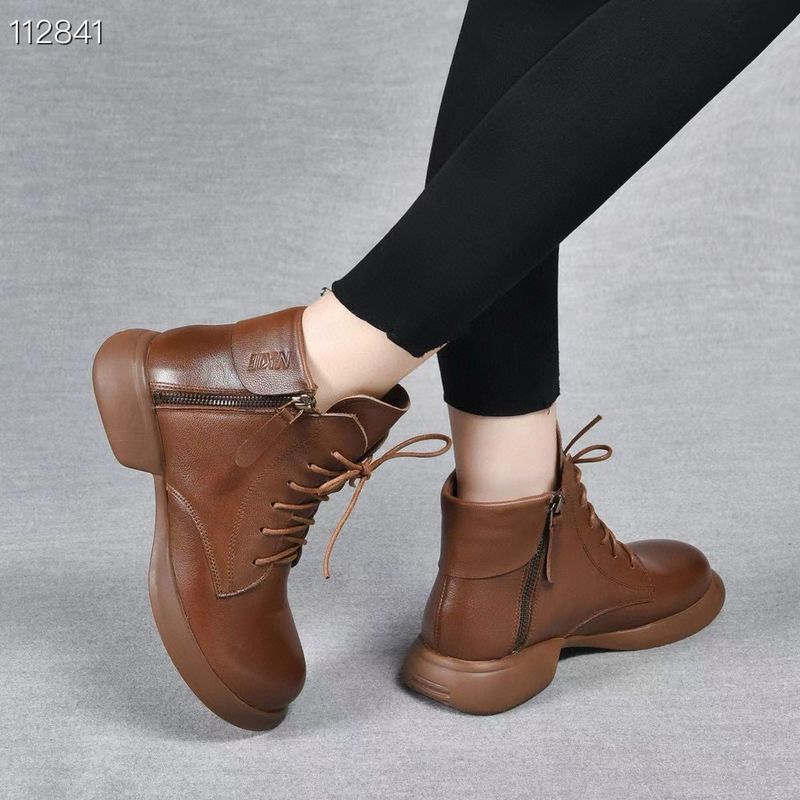 2025 Autumn Winter New Style Short With Turn-down Collar, Double Zipper Martin Top Layer Cowhide Flat Boots, Women's_voghion.com