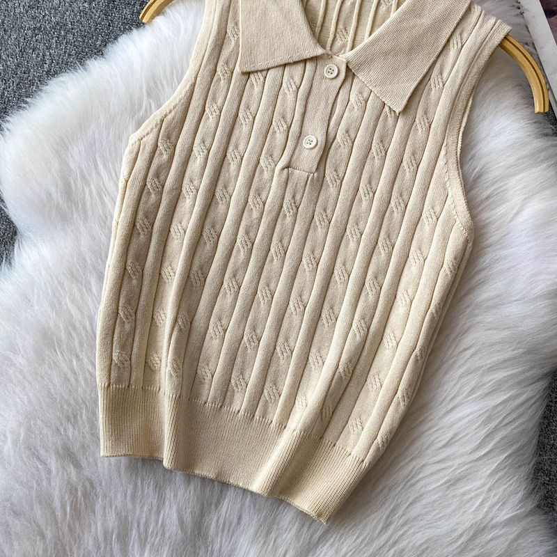 Women's Clothing Twisted POLO Collar Sleeveless Knitted Vest Slim Fit Two Button Casual Top_voghion.com