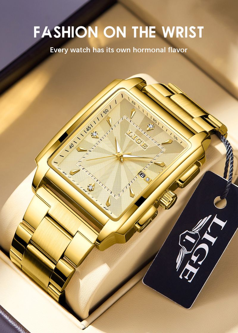 Men's Business Quartz Watch With Date Display, Water Resistant Stainless Steel Band, Square Mineral Glass Steel Belt Quartz Watch Men's Watch_voghion.com