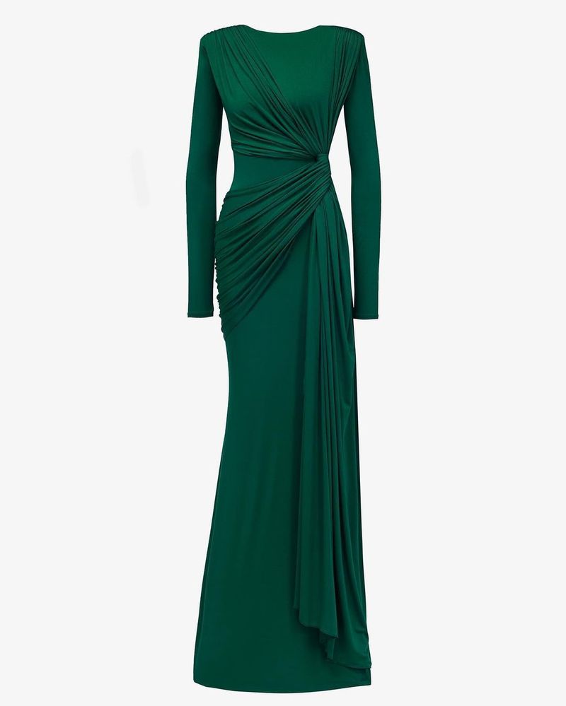 Women's Clothing Sexy Fashion Round Neck Pleated Waist Slim Fit Solid Color Temperament Dress_voghion.com