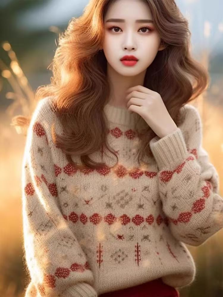 【 Cashmere Family】 Dámský krátký vlněný svetr s kulatým výstřihem, volný, měkký, lepkavý, tlustý úplet, vnitřní vrstva_voghion.com