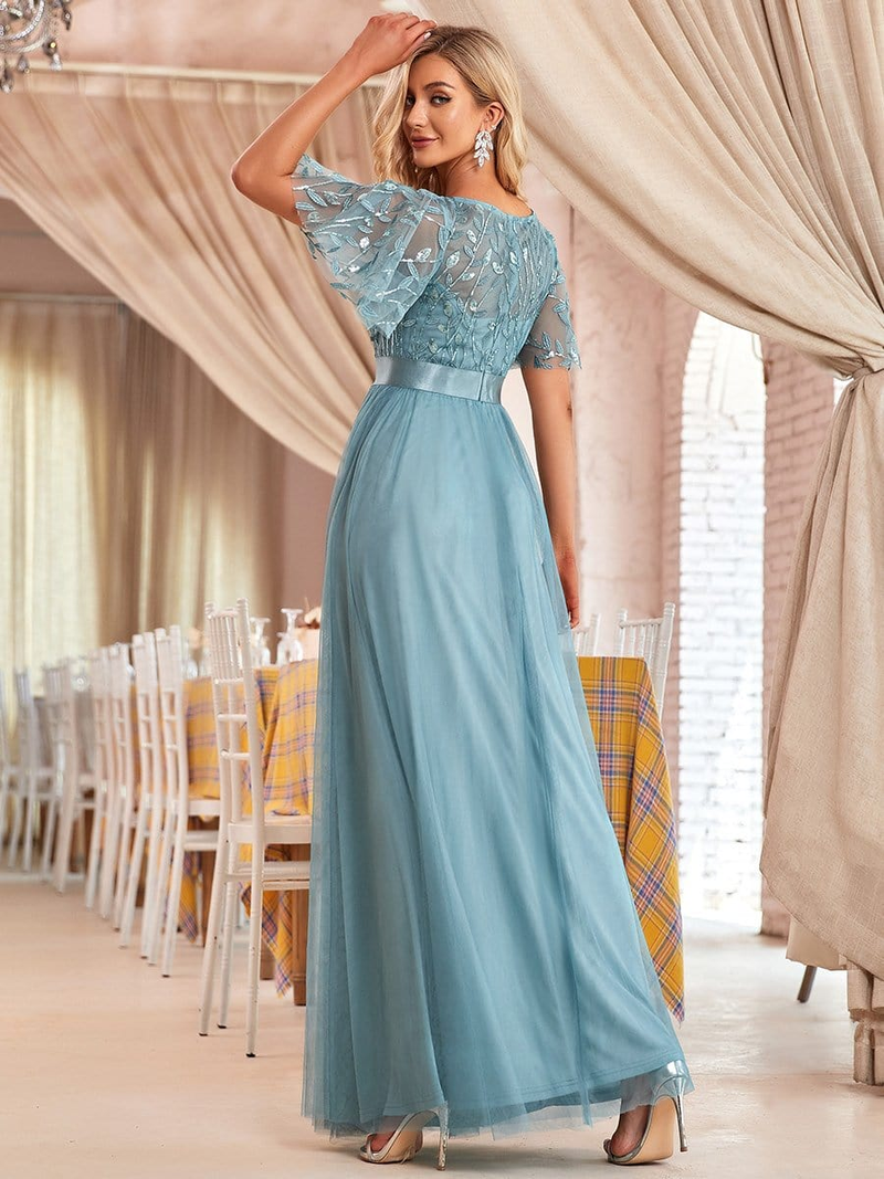 Robe De Soiree Bleščeče večerne obleke, dolge, a-kroja, O-izrez, formalne obleke s kratkimi rokavi, ženske, elegantne obleke, vestido iz tila z bleščicami_voghion.com