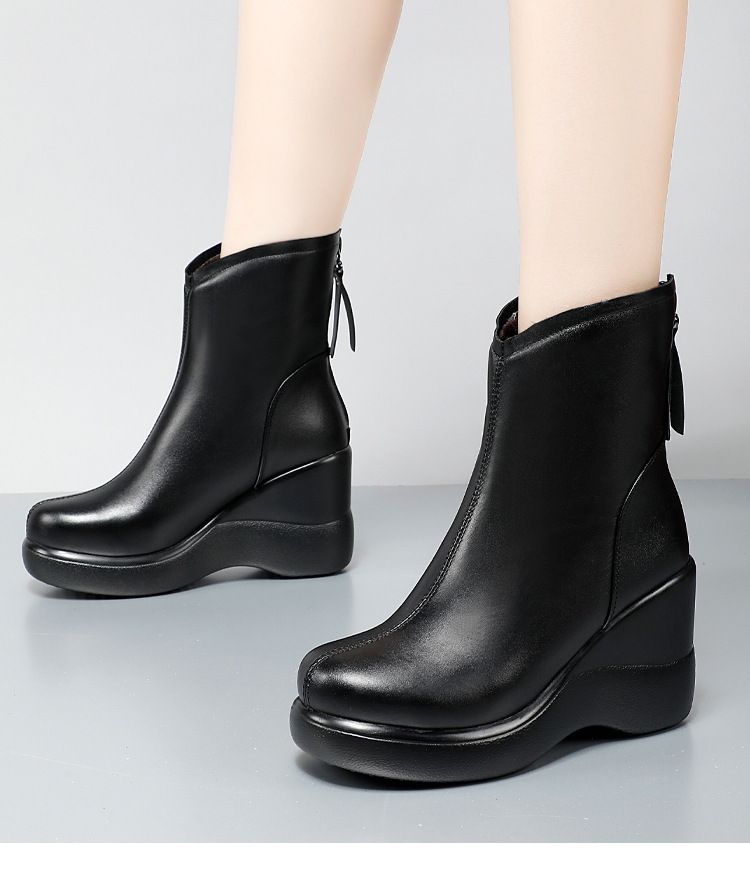 Cross-Border Wholesale Wedge Short Autumn Martin Boots Women 2024 Winter Fleece-Lined Back Zipper High Heel Thick Sole_voghion.com