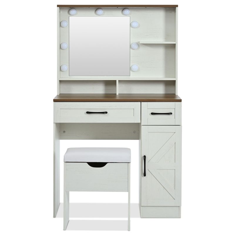 Farmhouse Makeup Vanity Desk With Mirror And Lights, 3 Lighting Modes, Vanity Set With Stool, Dressing Table With Adjustable Shelves,2 Drawers And Side Cabinet For Bedroom, White_voghion.com