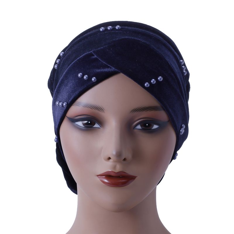 Velvet Pearl Turban Hat – European & Korean Style Folding Pile Hat (In Stock)_voghion.com