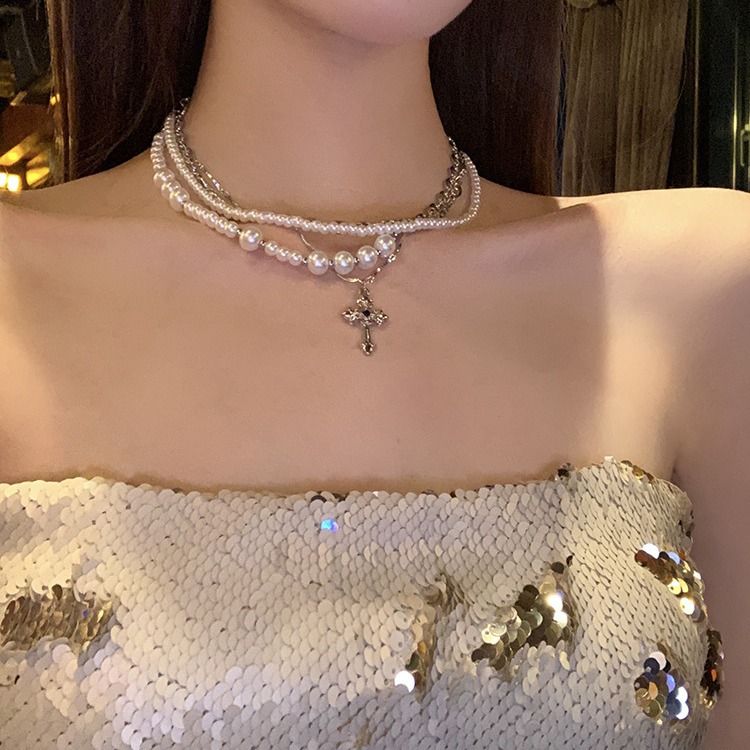 Qianjin Muse Neue mehrlagige Kreuzperlenkette, süßes, cooles Halsband, Schlüsselbeinkette, Accessoire für Damen_voghion.com