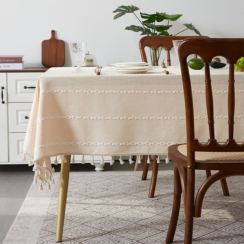 Nappe à franges marron - Style rustique de ferme avec mélange lin-coton (housse de table rectangulaire 60" x 90" lavable, résistante aux taches de café/thé)_voghion.com