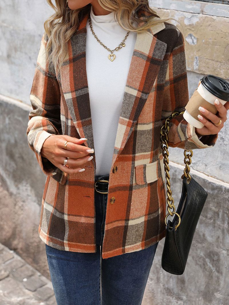 Women's Clothing Casual Retro Loose Brushed Plaid Blazer For Women - Oversized Office & Street Style Polyester Blend Long Sleeve Jacket_voghion.com