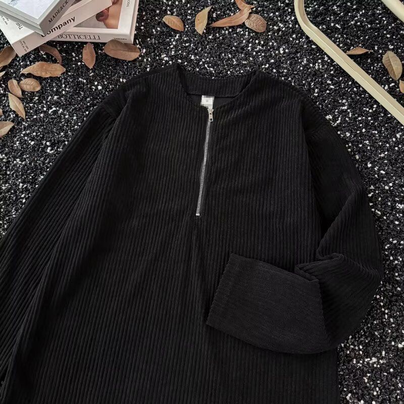 Rugged Half-Zip Corduroy Henley Shirt – Men's Textured Long Sleeve Tee (M-3XL, Breathable, Workwear-Inspired Layering Essential)_voghion.com
