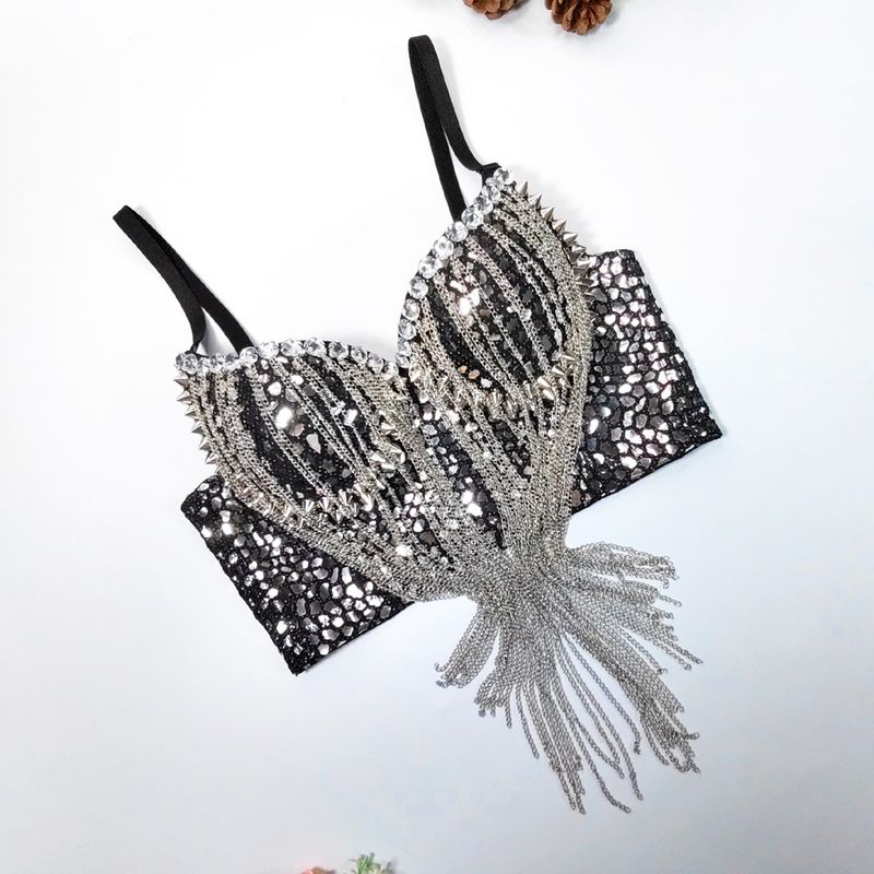 Women's Clothing Rock Style Sequined Tassel Suspenders With Underwire Corset Short Sexy Hot Girl Nightclub Tube Top Stage Vest_voghion.com