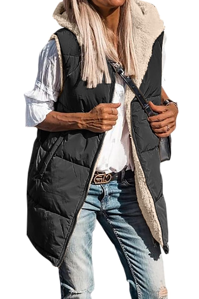 Colete de algodão com capuz de cor sólida 2023, casaco cardigan elegante e slim fit reversível_voghion.com